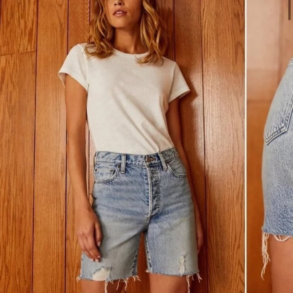 Denim Forum Nina Midi Jean Shorts With Raw Hem Size 28 (Like New)